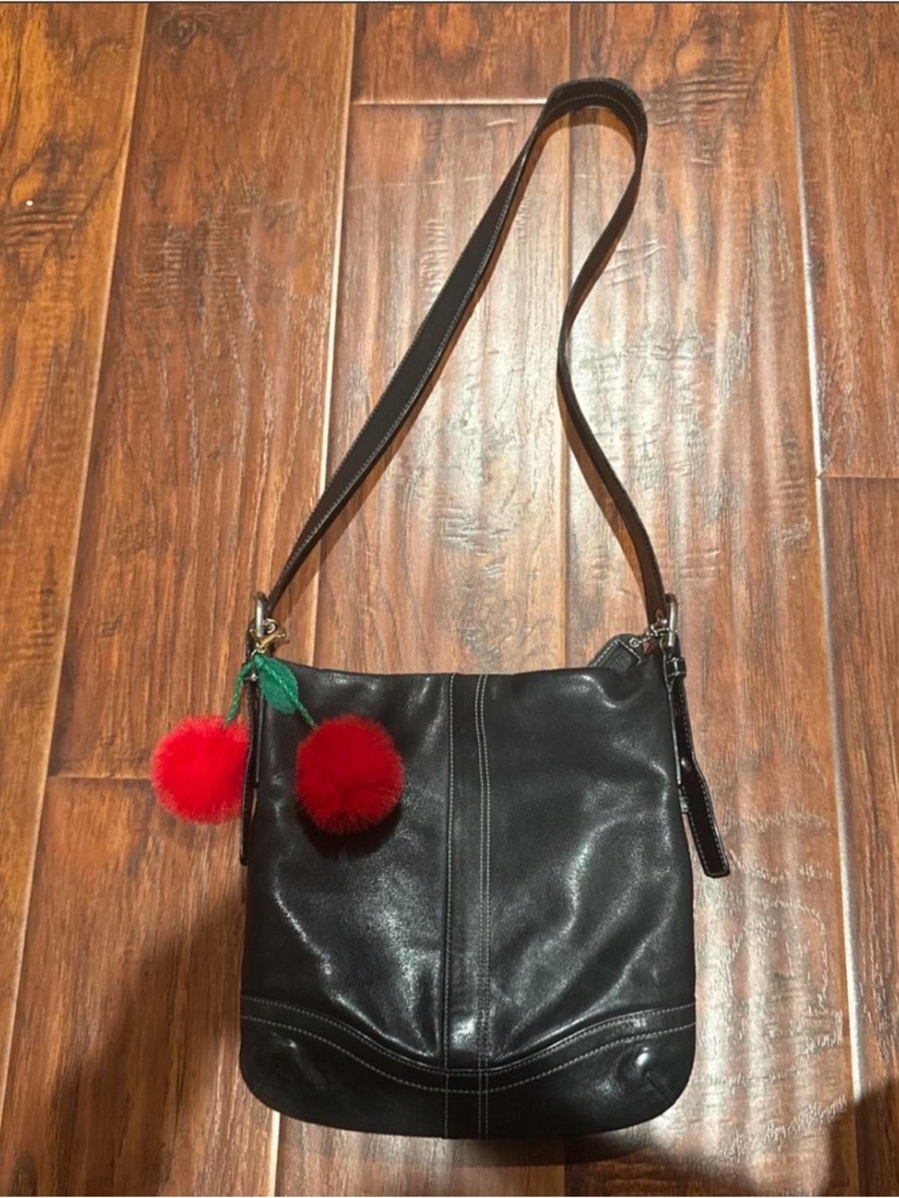 COACH Black Leather Crossbody Bag with free Red Cherry pom Pom Charm